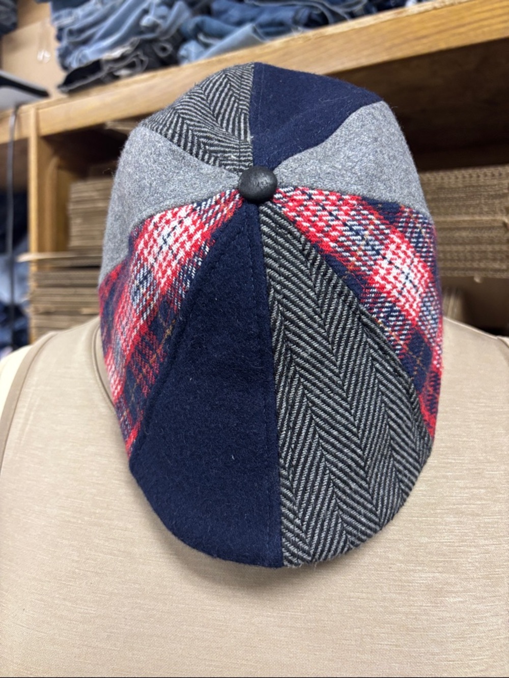 Patchwork Wool Newsboy Cap in Navy, Gray & Red 56cm